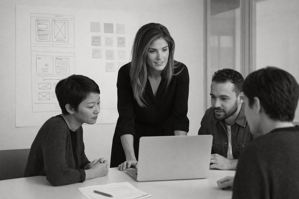 Strategy session with team reviewing materials at a table